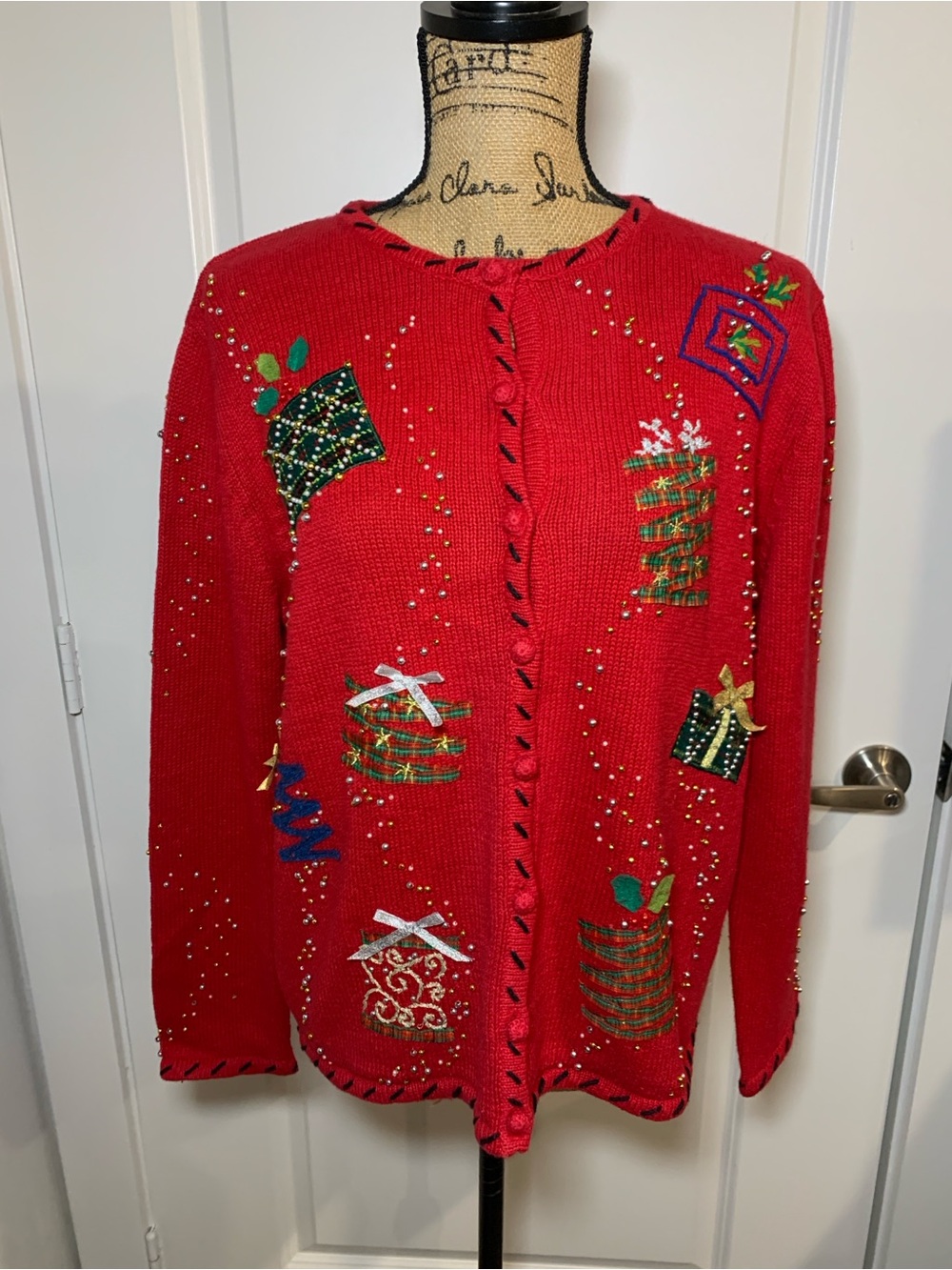 Vintage Studio Joy Embellished Bead Embroidered Red Knit Cardigan Sweater Size M